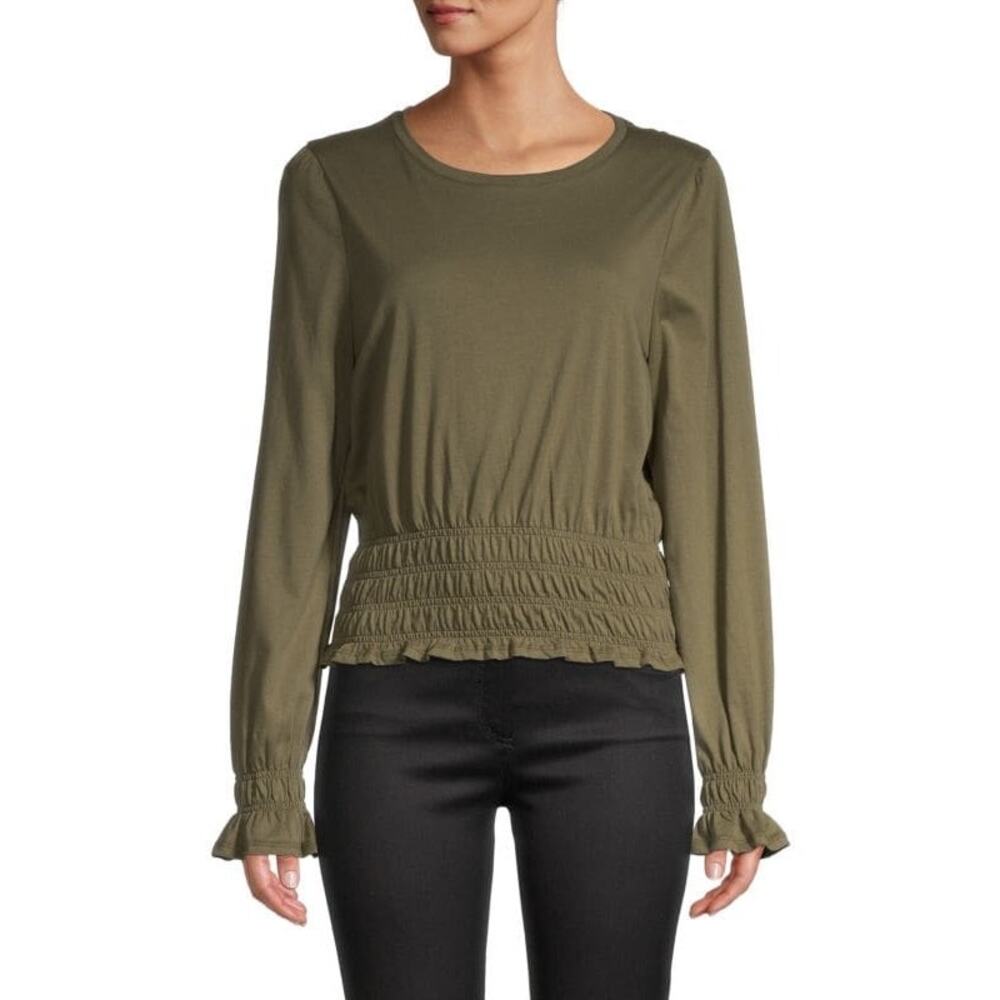 GUC Lea & Viola Olive Green Cropped Smocked Long Sleeve Top. Size M.